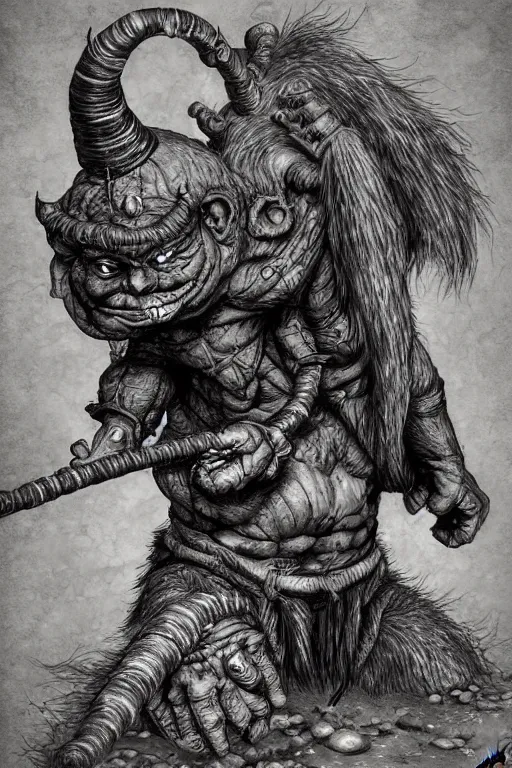 Image similar to hunched troll with a horn on his head, fantasy, highly detailed, digital art, sharp focus, trending on art station, kentaro miura manga art style