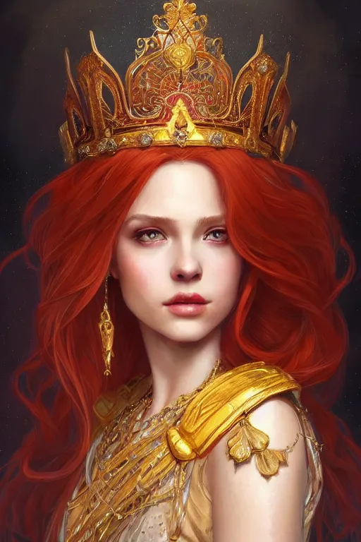 Image similar to beautiful female princess with a golden tiara on her head, portrait shot, long red hair, d & d, fantasy, intricate, elegant, highly detailed, digital painting, artstation, concept art, matte, sharp focus, illustration, hearthstone, art by artgerm and greg rutkowski and alphonse mucha