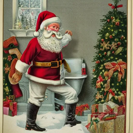 Image similar to currier and ives print showing santa claus on a toilet with his pants around around his ankles, highly detailed, family friendly