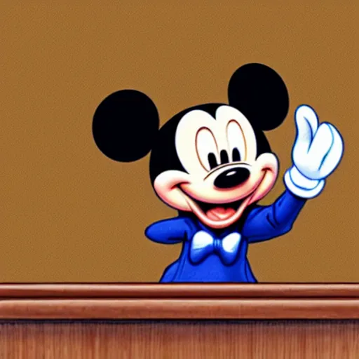 Prompt: detailed background courtroom sketch of vintage disney character mickey mouse presenting evidence of copyright infringement to the judge bench court room wooden serious dark tone