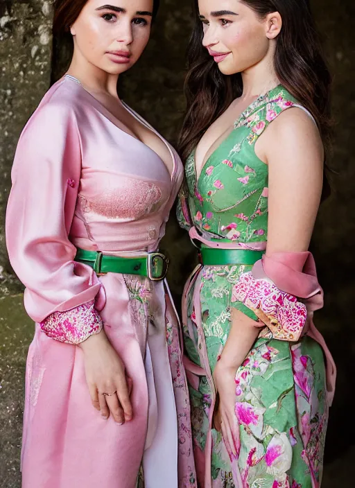 Prompt: portrait of demi rose and emilia clarke wearing green kebaya and pink silk belt, bali, by charlotte grimm, natural light, detailed face, beautiful features, symmetrical, canon eos c 3 0 0, ƒ 1. 8, 3 5 mm, 8 k, medium - format print,