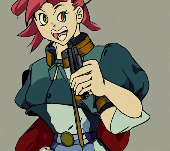 Prompt: marnie from chrono trigger pointing a gun at viewer