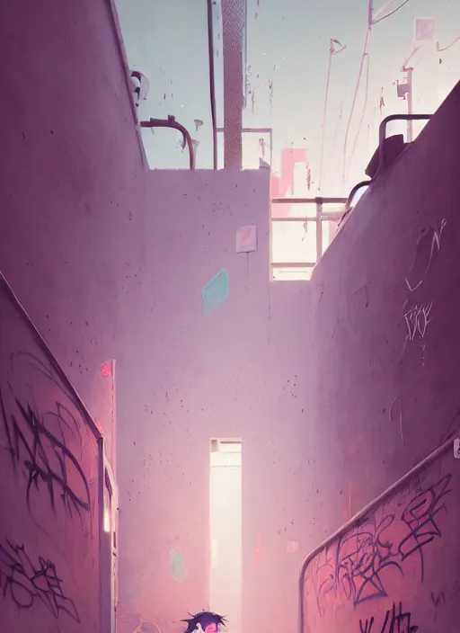 Image similar to highly detailed matte painting, of a callography graffiti tag wall, by atey ghailan, by greg rutkowski, by greg tocchini, by james gilleard, by joe fenton, by kaethe butcher, pink, brown, light blue and white mystical color scheme, grunge aesthetic, octane render