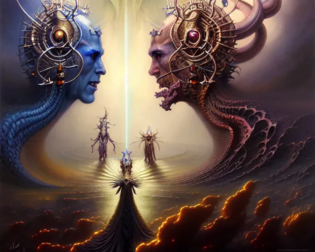 Image similar to the armies of heaven and hell, fantasy character portrait made of fractals facing each other, ultra realistic, wide angle, intricate details, the fifth element artifacts, highly detailed by peter mohrbacher, hajime sorayama, wayne barlowe, boris vallejo, aaron horkey, gaston bussiere, craig mullins