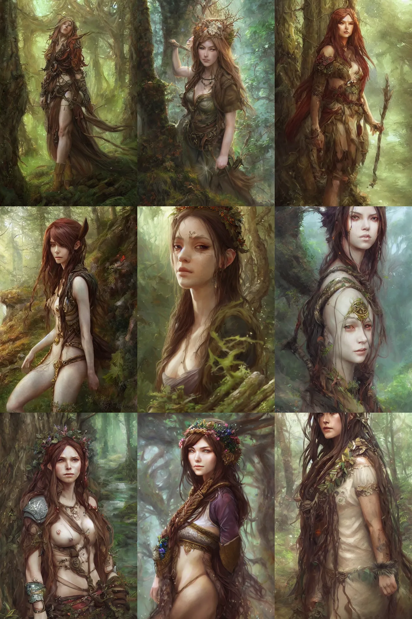 Prompt: a medium shot of high detail fantasy portrait oil painting illustration of a female druid, by krenz cushart, face and body, flowing hair, forest a scenic background, rpg, half body visible, scenic, detailed, amazing
