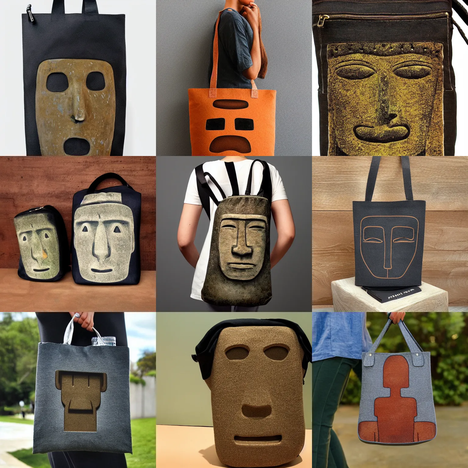 Prompt: moai shaped bag