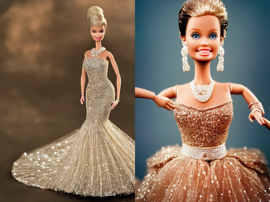 Prompt: classical Hollywood star barbie with her sparkling diamond dress, real diamonds, vintage, beautiful details, cinestill 800t