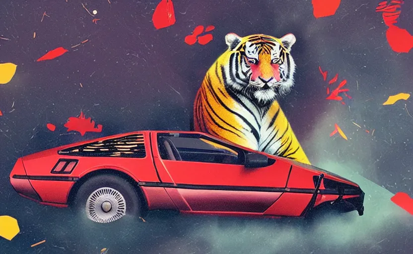 Image similar to a red delorean with a yellow tiger, art by hsiao - ron cheng in a magazine collage style, # de 9 5 f 0