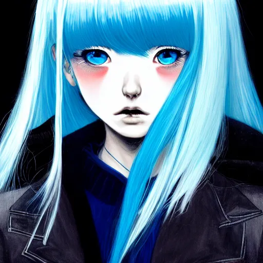 Image similar to full face shot of rimuru tempest, sky blue straight hair, long bangs, with amber eyes, wearing a black jacket, high collar, ultra detailed, concept art, award winning photography, digital painting, cinematic, wlop artstation, closeup, pixiv, evil, yoshitaka amano, andy warhol, ilya kuvshinov,