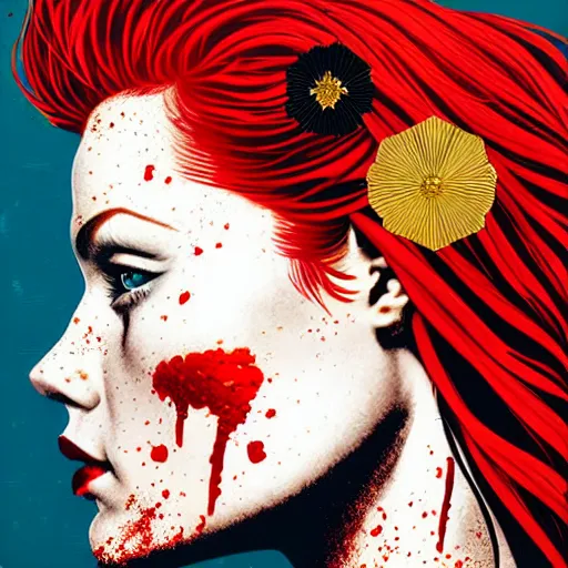 Image similar to portrait of red head woman :: side profile :: in ocean :: guns and bullets :: metallic details :: gold and petals pattern :: blood and horror :: by marvel and Sandra Chevrier