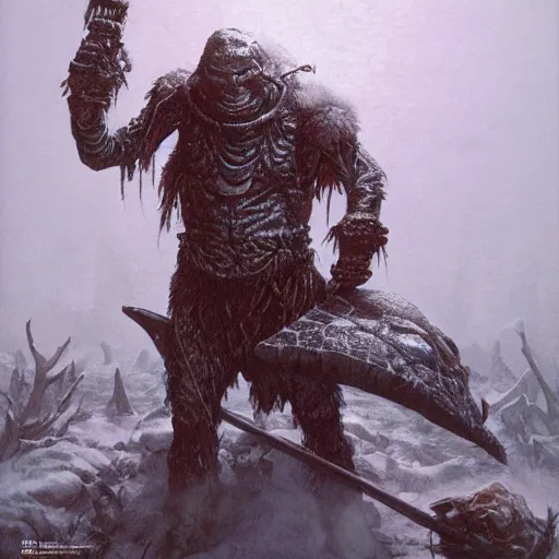 Image similar to anthropomorphic turtle barbarian humanoid, carapace, wayne barlowe, blizzard, winter, night, furs, fantasy