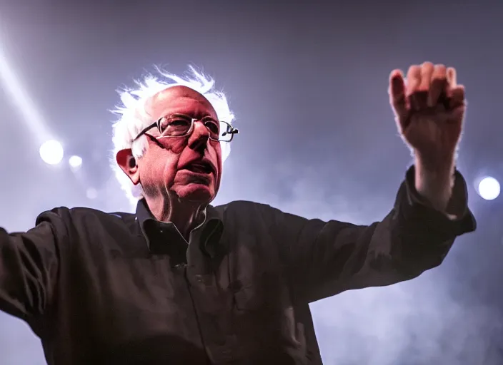 Image similar to publicity photo still of bernie sanders in a death metal band playing live on stage, 8 k, live concert lighting, mid shot