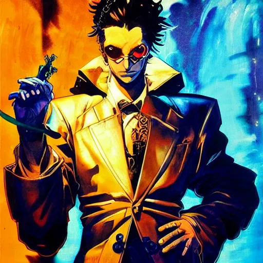 Image similar to portrait of the hacker cyberpunk magician in a dramatic jojo pose tarot card, golden blue outfit, oil on canvas by yoji shinkawa and esao andrews and raoul ruiz