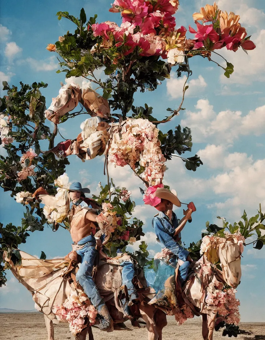 Image similar to a cowboy turning into blooms by slim aarons, by zhang kechun, by lynda benglis. tropical sea slugs, angular sharp tractor tires. complementary bold colors. warm soft volumetric dramatic light. national geographic. 8 k, rendered in octane, smooth gradients. by antonio canova by gian lorenzo bernini.