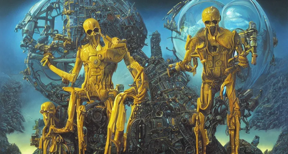 Prompt: masterpiece oil painting by the great famous sci - fi artist michael whelan.
