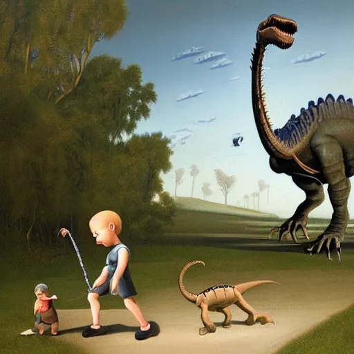 Prompt: a kid at the park walking a dinosaur with a leash, renaissance oil painting by George Lucas and Jarosław Jaśnikowski and Dan Mumford