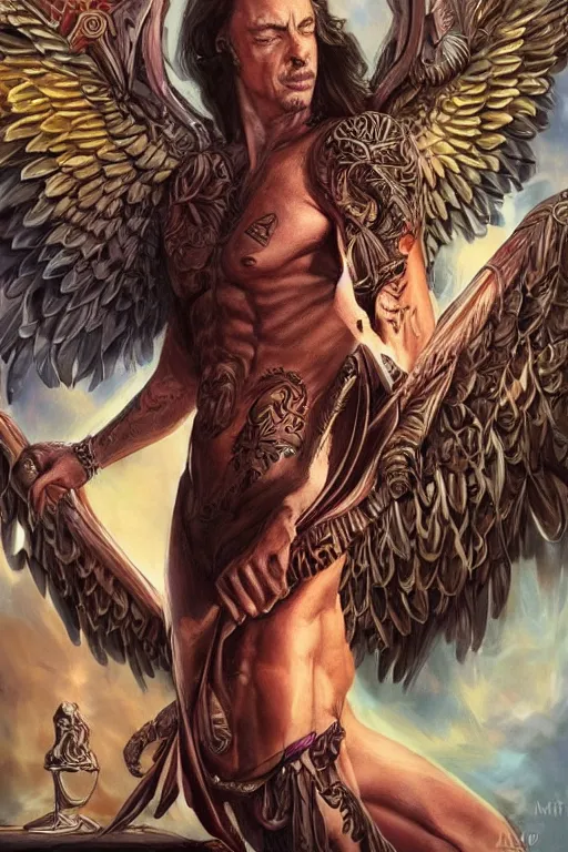 Prompt: handsome! Steve Buscemi as a muscular angel wings wide open whole body tattooed with runes and religious symbols, urban fantasy romance book cover, D&D!, fantasy style, sharp focus!, ultra detailed, art by Artgerm and Peter Andrew Jones, WLUP