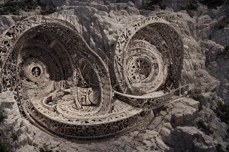 Image similar to a gigantic paleolothic torus made of stone with highly detailed carvings of intricate shamanic robotic electronics and circuitry, in a mediterranean lanscape, inside a valley overlooking the sea, in the style of michal karcz