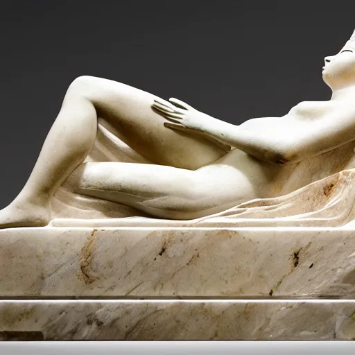 Image similar to a scenic view of an Egyptian goddess statue sculpted in blended marble by bernini, texturized