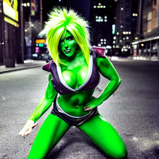 Prompt: Jessica Nigri as She Hulk on the street in New York City at night, Lights are on down the street, light fog in the backround, cinematic, realistic, detailed, portrait, green skin