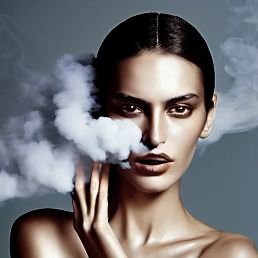 Prompt: Photo of turkish super model, face close-up, high detail, studio, ominous background, smoke, by Martin Schoeller