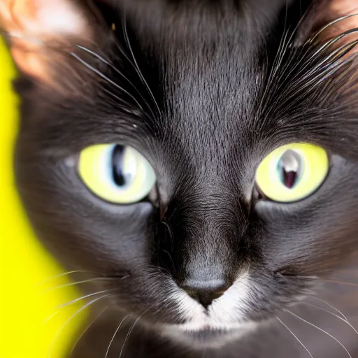 Prompt: black cat with black pupils, near angle, yellow background