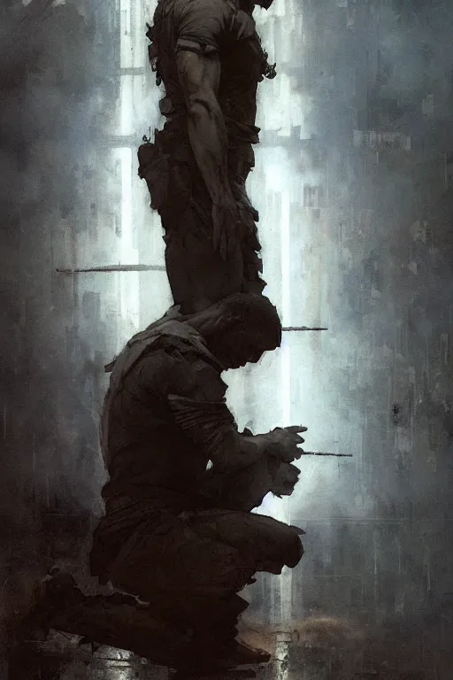 Image similar to man kneeling at the foot of a wooden cross, dramatic lighting art by Yoji Shinkawa by Richard Schmid by greg rutkowski by Sandra Chevrier by Jeremy Lipking cinematic dramatic, by frank miller, illustration by Ruan Jia and Mandy Jurgens and William-Adolphe Bouguereau, Artgerm, 4k, digital art, surreal, space dandy style, highly detailed, godsend, artstation, digital painting, concept art, smooth, sharp focus, illustration by Ruan Jia and Mandy Jurgens and William-Adolphe Bouguereau, Artgerm