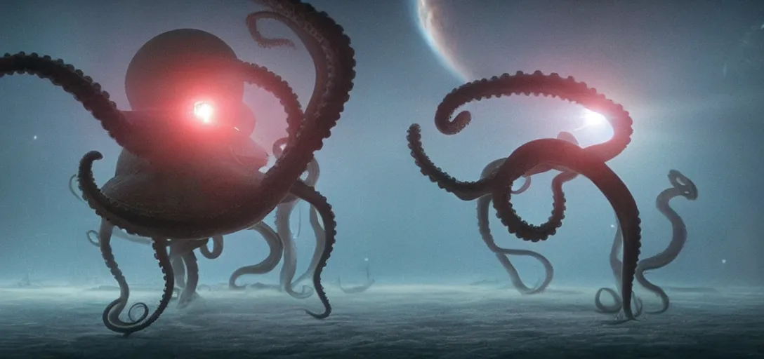 Image similar to an octopus consuming a solar system, foggy, cinematic shot, photo still from movie by denis villeneuve, wayne barlowe