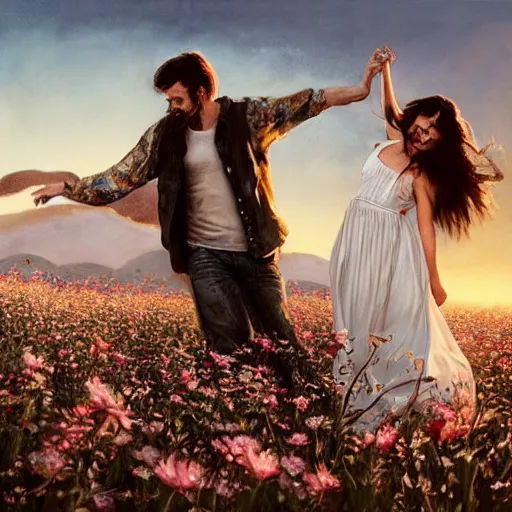 Image similar to oil painting portrait of a family one with long flowing hair in a white dress, dancing through a field of flowers at sunset with mountains in the background, hazy, chiaroscuro, artstation, cinematic, golden hour, digital art painting by diego velasquez and michelangelo hazy atmosphere, flowers, cinematic lighting