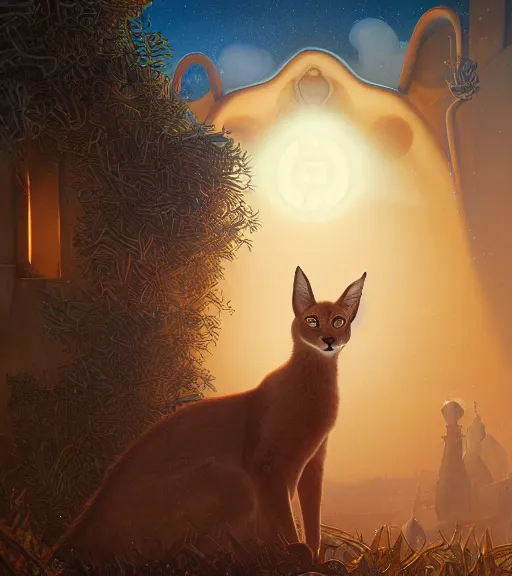 Prompt: closeup of anthropomorphic caracal in vr in golden clothes in orthodox church with orthodox icons, darkness noir surreal, art by loish rhads ferdinand knab lois van baarle tom bagshaw, global illumination, radiant light, highly detailed, octane render, 8 k