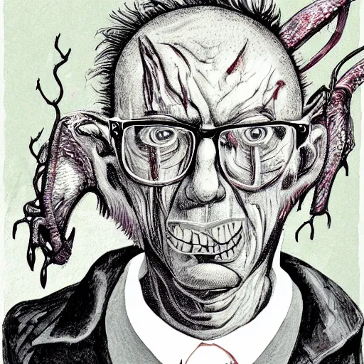 Image similar to bernie sandersaurus graphic illustration, creative design, skinless head, biopunk, body horror, full body portrait, character design, by ralph steadman, francis bacon, hunter s thompson