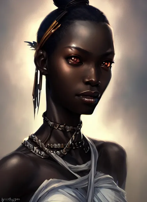 Image similar to character concept art of a dark fantasy african female, key visual, realistic shaded perfect face, fine details, dystopian environment and background, by stanley artgerm lau, wlop, rossdraws, james jean, andrei riabovitchev, marc simonetti, and sakimichan, trending on artstation