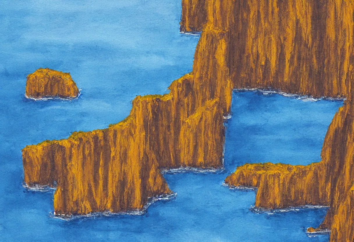 Prompt: a beautiful ultradetailed painting of a single gilded cathedral at the edge of a cliff next to a deep blue sea illuminated