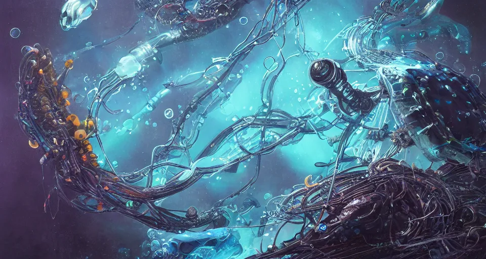 Image similar to bioluminescent cyberpunk siphonophore, extreme light, submersible, deep ocean, organic, mariana trench, midnight zone, bubbles, hyper realistic, hyper detailed, digital art, trending in artstation, studio quality, photorealistic, photo, by jesper ejsing, wlop, paul lehr