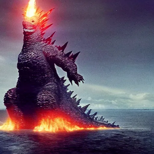 Image similar to godzilla using a birthday hat, destroying tokio, epic, incredible