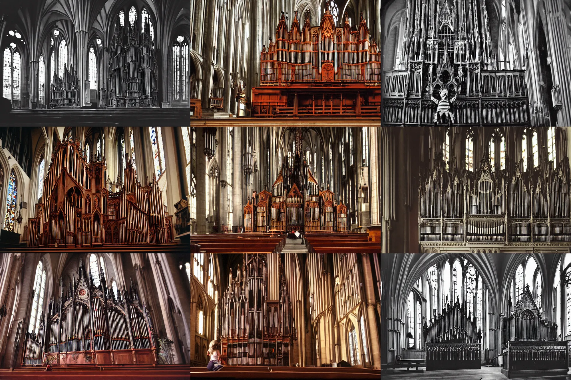 Prompt: Wide angle disposable camera photograph of Gothic German cathedral organ being played by anthropomorphic crow wearing athletic clothing