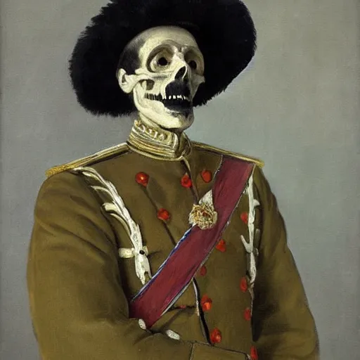 Image similar to A portrait of a skeleton in a Russian Tsar's uniform, painted by Valentin Alexandrovich Serov