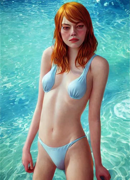 Image similar to portrait of Emma Stone in swimsuit, au naturel, hyper detailed, digital art, trending in artstation, cinematic lighting, studio quality, smooth render, unreal engine 5 rendered, octane rendered, art style by klimt and nixeu and ian sprigger and wlop and krenz cushart