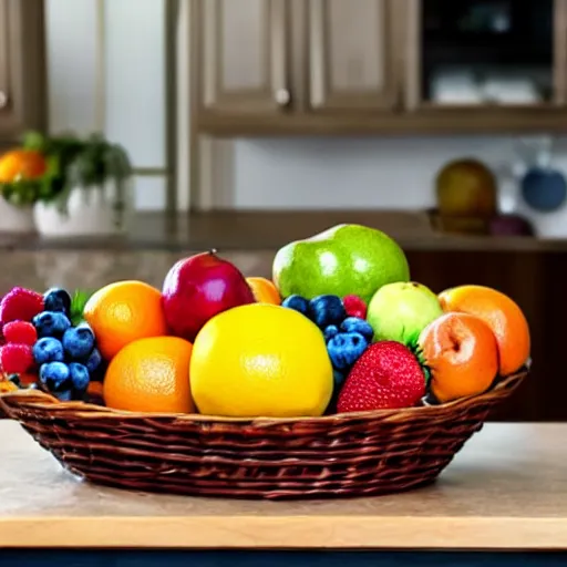 Prompt: a fruit basket on top of a kitchen table