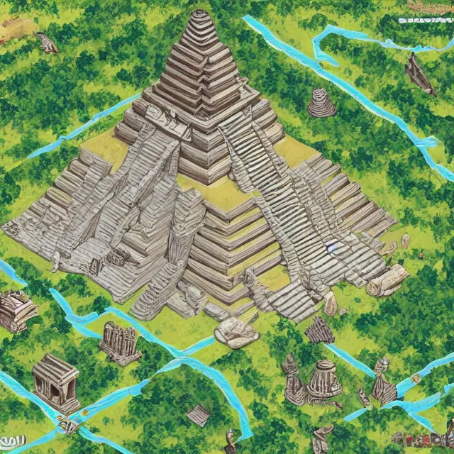 Image similar to an isometric game map of Tikal, Lost World Pyramid, Tikal Temple IV, Maya Temples