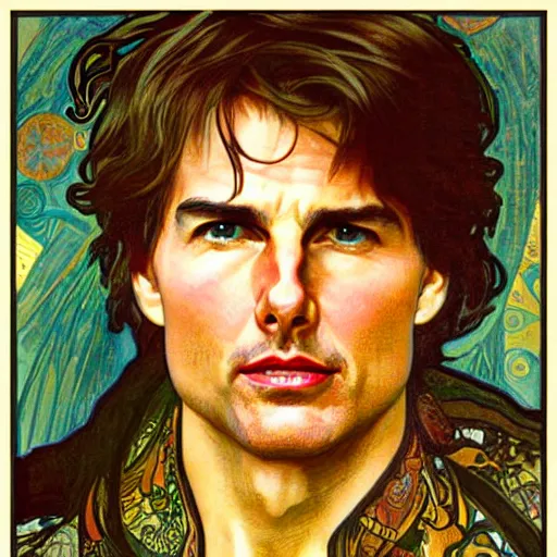 Image similar to detailed art of Tom Cruise, by Alphonse Mucha and Gustav Klimt