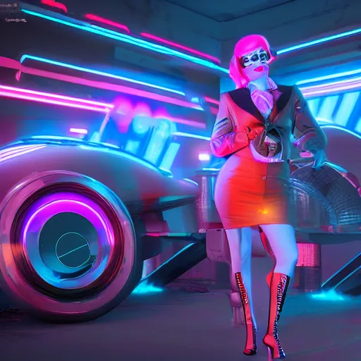 Image similar to German fembots Austin Powers, cyberpunk, retro-futurism, volumetric lighting, 8k, neon lights