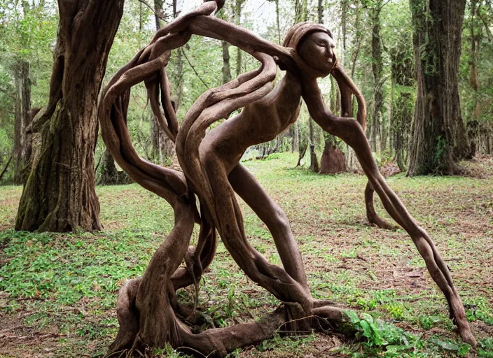 Image similar to dslr esculpture made from roots interwovem in the shape of a woman, 2 4 mm f 1. 8