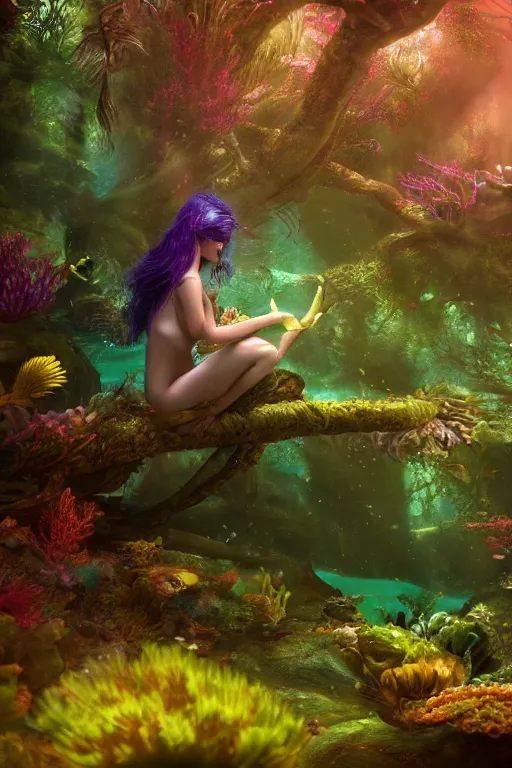 Image similar to intricate color photo of mermaid in a underwater fantasy forest of tall trees 8 k octane beautifully detailed render