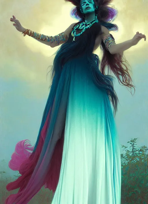 Image similar to ombre velvet gown, cyan, feathers, lovely bohemian princess, portrait, long hair, tiara, dozens of jeweled necklaces, feral languid woman, by greg rutkowski, brom, anato finnstark, alphonse mucha