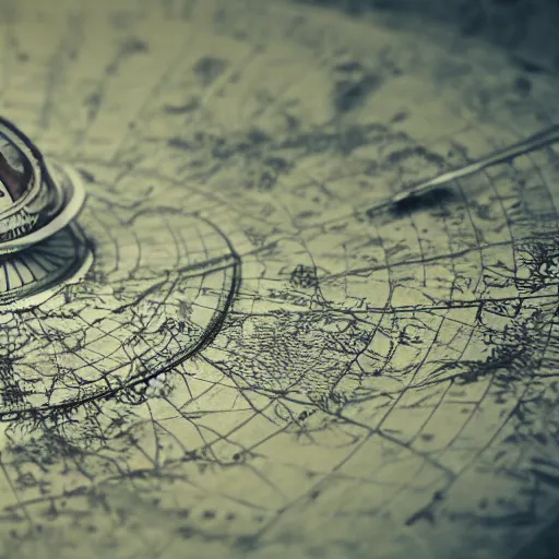 Prompt: old map on a table surrounded by small aparatus, compass, hourglass, sextant, bokeh, focus on map, hyperdetailed, sharp, artstation, photorealistic