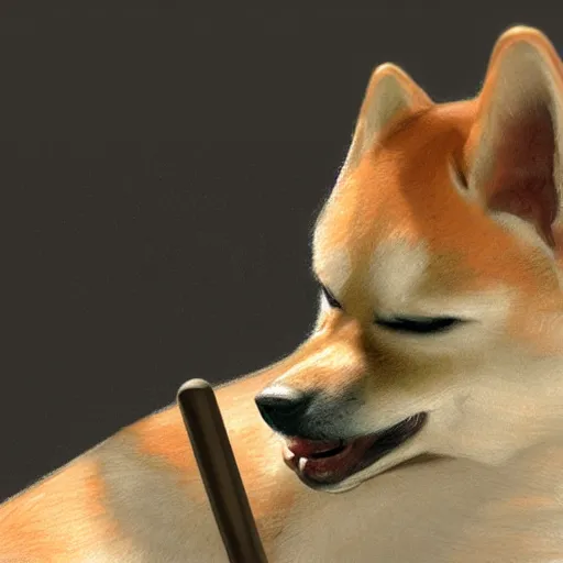 Image similar to hyper realistic shiba inu, sitting, with a baseball bat, concept art, trending on art station