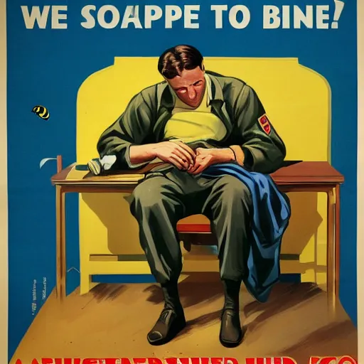 Image similar to a man sleeping at a computer is stung by a bumblebee, ww 2 allied propaganda poster, no text, highly detailed