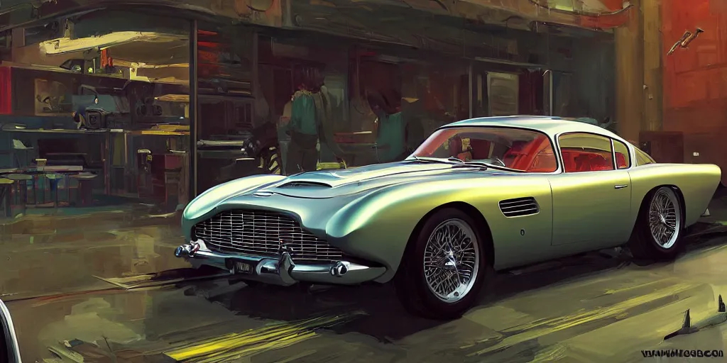 Image similar to art style by Ben Aronson and Edward Hopper and Syd Mead, wide shot view of the Cyberpunk 2077, on ground level. full view of the Aston Martin DB4 1958 with wide body kit modification and dark pearlescent holographic paint, has gullwing doors open.