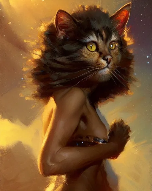 Image similar to a potrait of a space fanstasy cat, fine details. night setting. realistic shaded lighting poster by craig mullism, artgerm, jeremy lipkin and michael garmash, unreal engine, radiant light, detailed and intricate environment, digital art, trending on art station